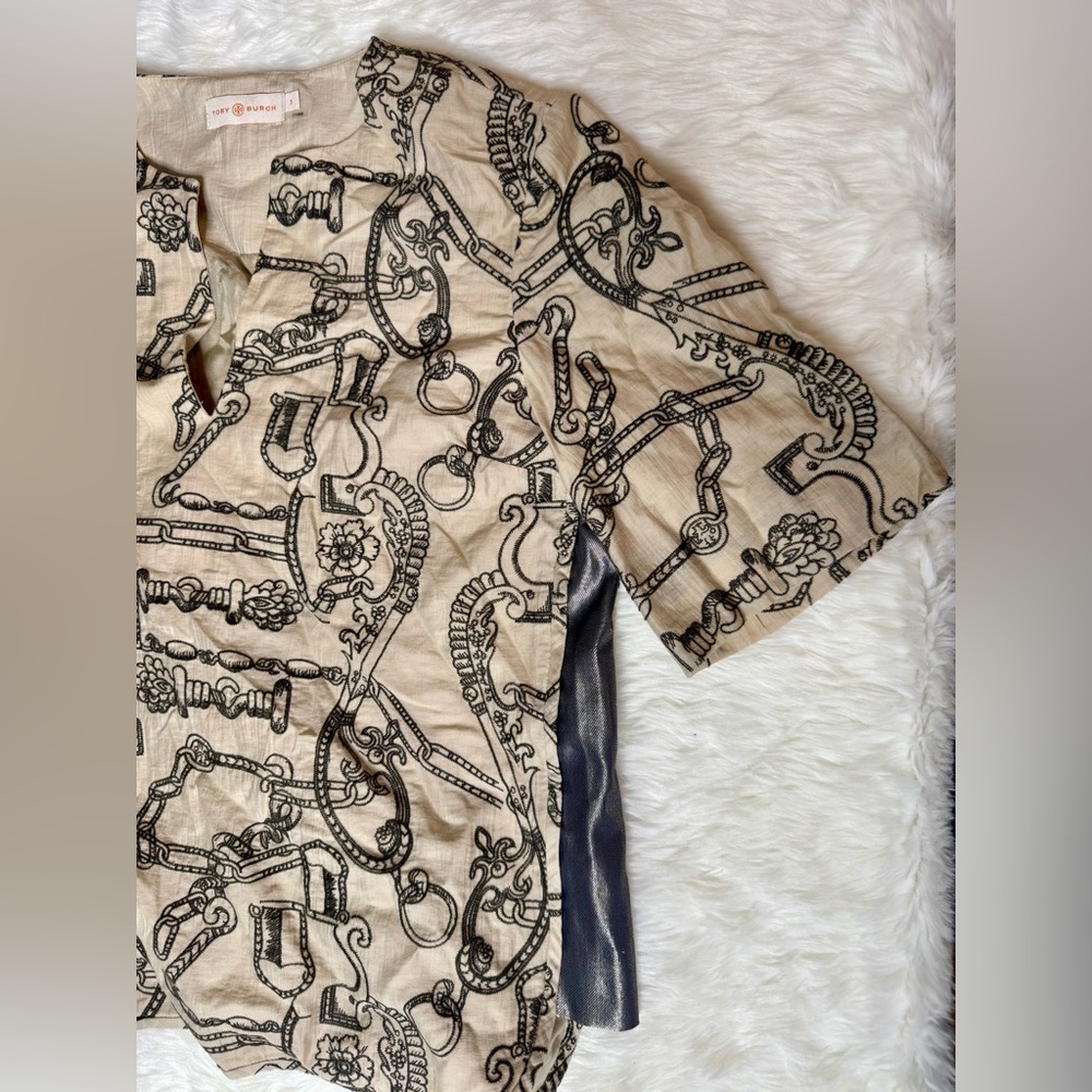 Tory Burch Cream and Black Chain Print Cotton and Linen Blouse Top Size 2